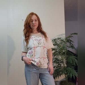 Salon Studio By Haband Vintage Floral Embroidered Short Sleeve Sweater